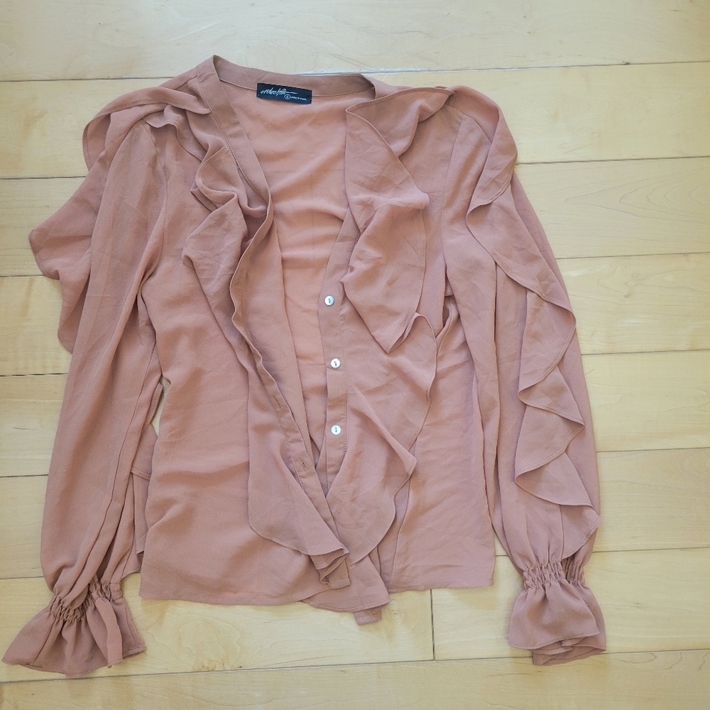 Dusty Rose Ruffle Chiffon Blouse Sheer Long Sleeve Size S - Picture 3 of 3